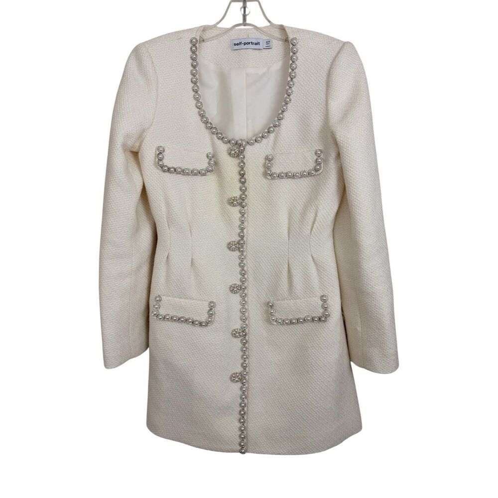 Self Portrait Tailored Mini Dress Sz US 6 UK 10 Cream Boucle Rhinestone Pearls